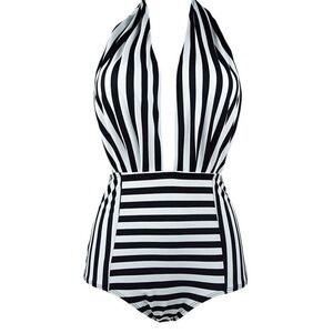 Cocoship Black & White Stripe Retro Halter Bathing Suit Size 12 New!